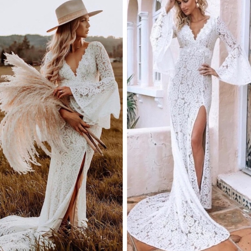 Lulus Duchess Ivory Lace Bell Sleeve Floral Maxi Dress with Train size XL